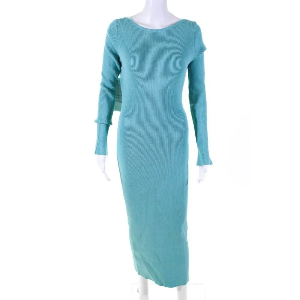 Ronny Kobo Womens Ribbed Long Sleeve Open Back Dress Turquoise Size Small LL19LL